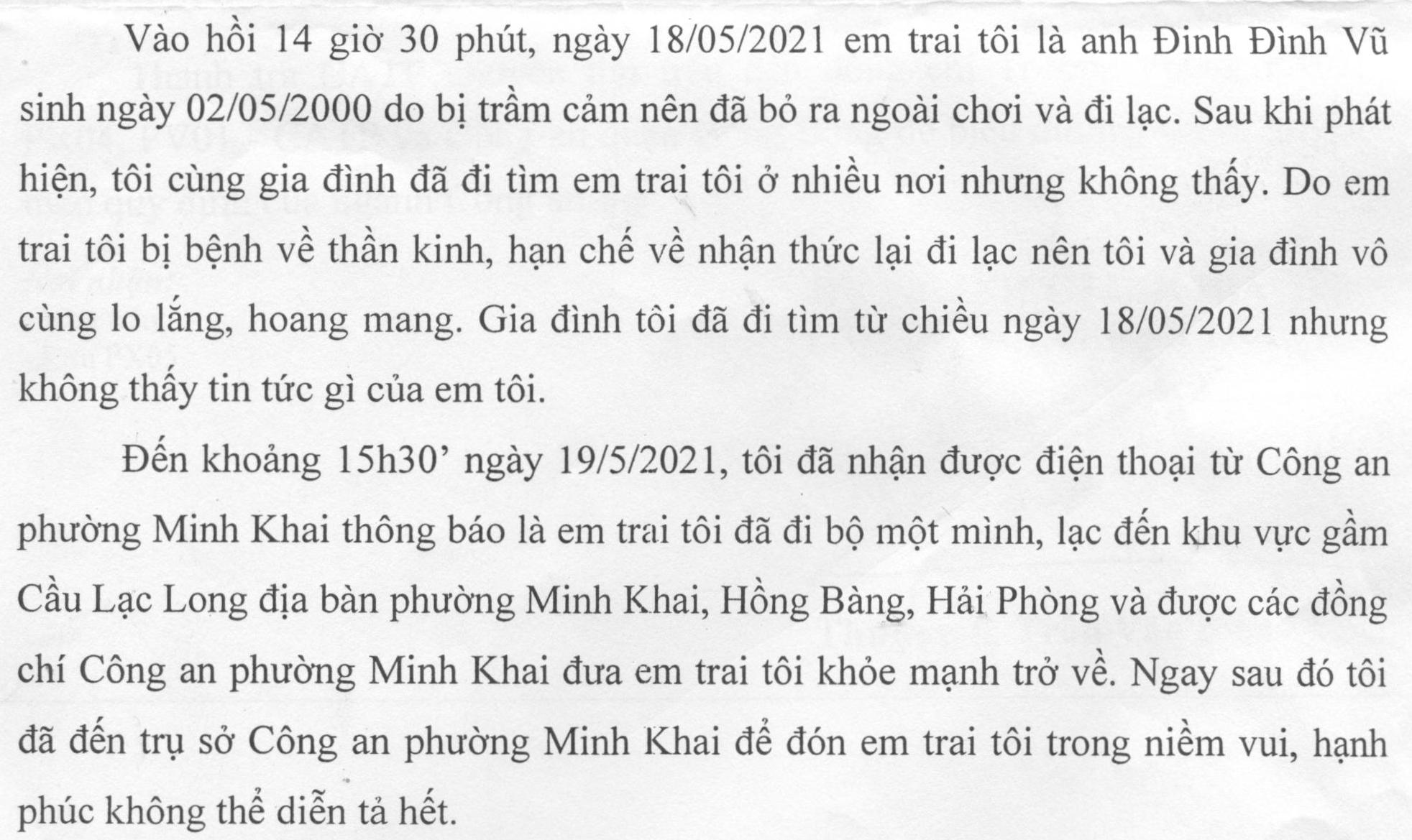 Chị Đinh Thị Ngọc Lan gửi thư cảm ơn Công an phường Minh Khai